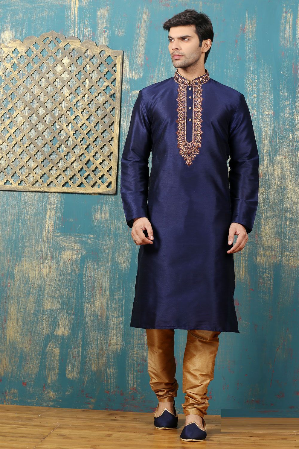 Buy Navy Blue Dupion Art Silk Kurtas for Men (NMK3315) Online