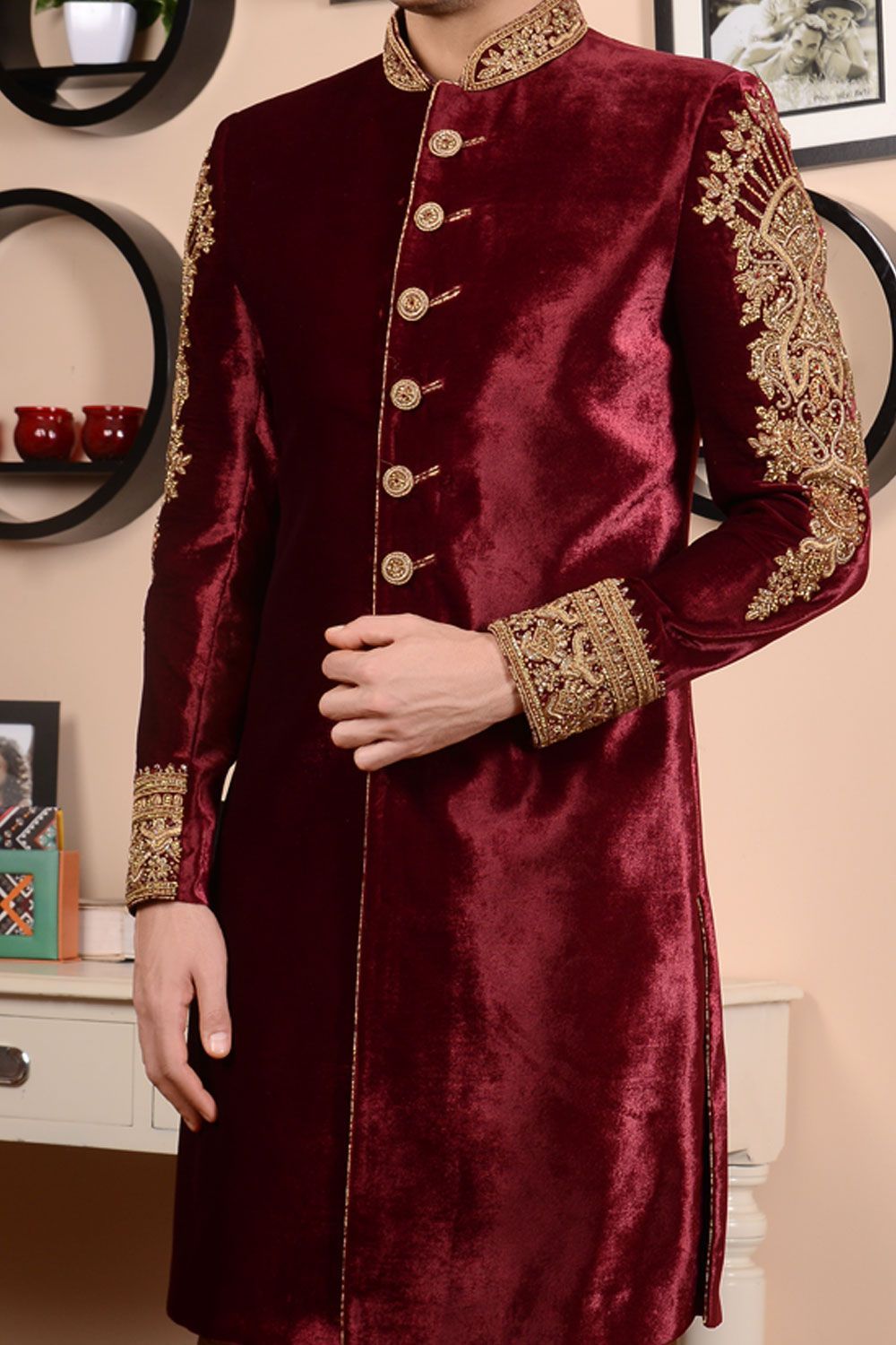Buy Wine Velvet Sherwani (NMK3484) Online
